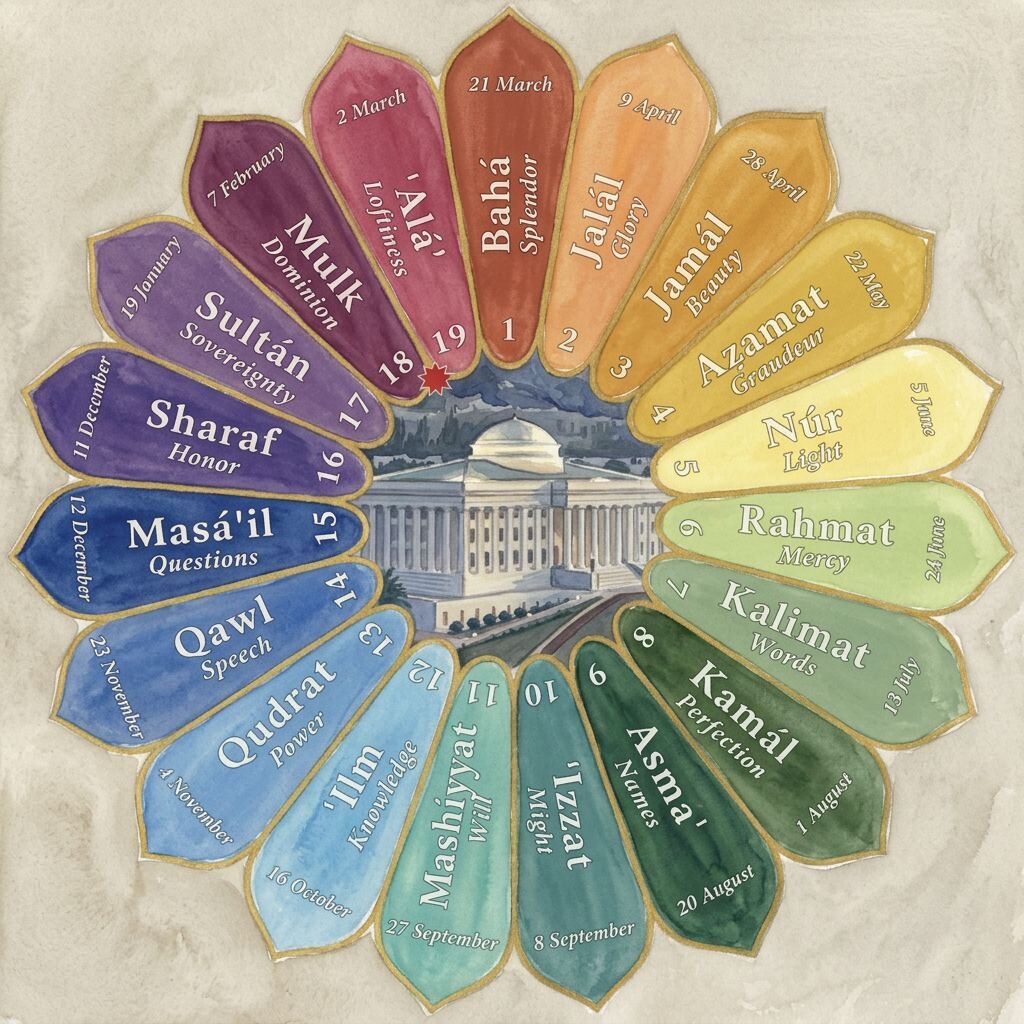Painting of the Baha'i calendar showing the nineteen months, their names and start dates