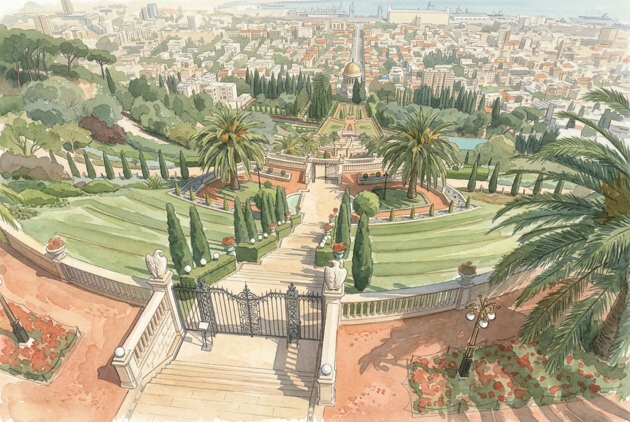 Painting of the terraced gardens on Mount Carmel, with steps rising between cypresses and flowerbeds