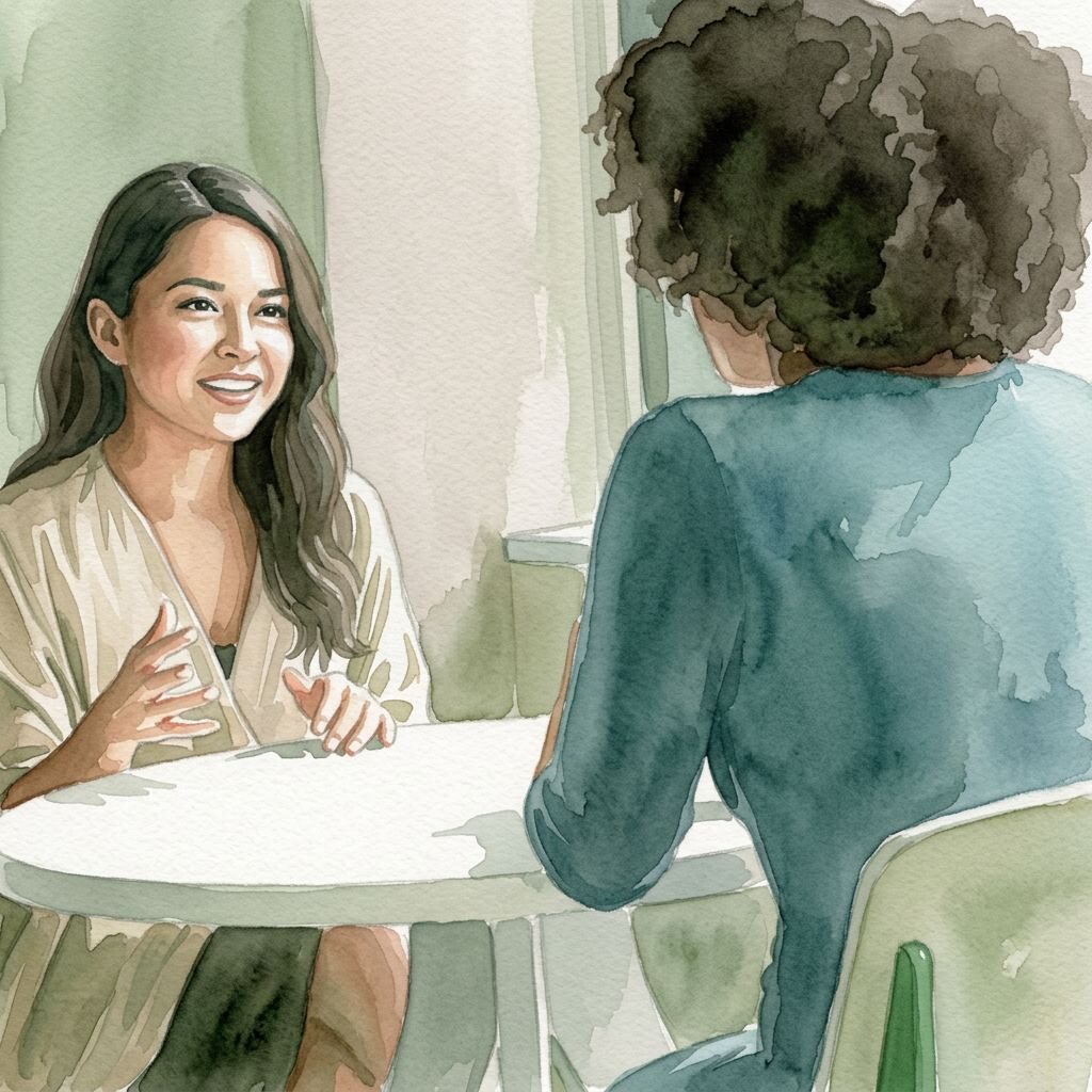 Painting of two friends in a warm heart-to-heart conversation at a table