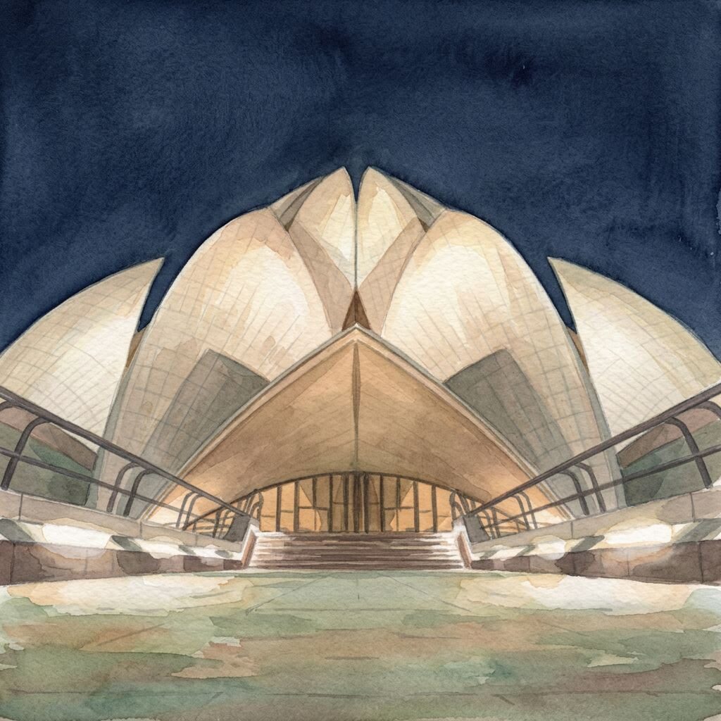 Painting of the Lotus Temple in New Delhi lit up at night