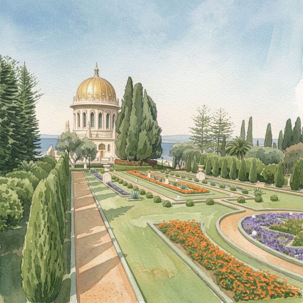 Painting of the Shrine of the Bab with its golden dome above the terraced gardens in Haifa