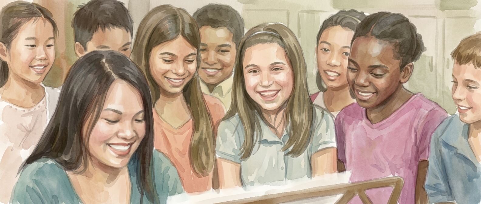 Painting of children singing together from a songbook with their teacher in a children's class