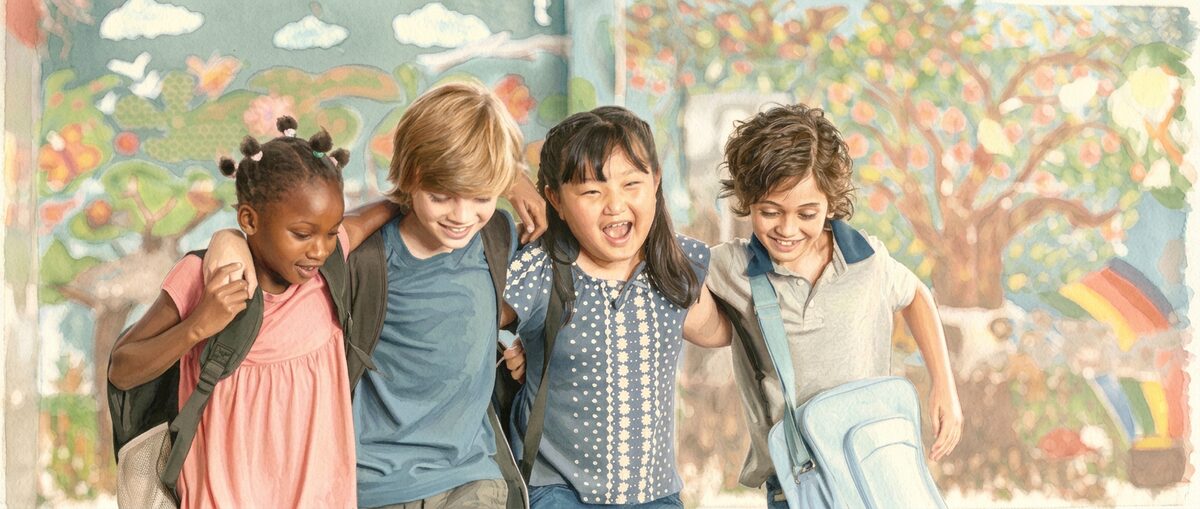 Painting of four children walking arm in arm with their school bags in front of a colourful mural