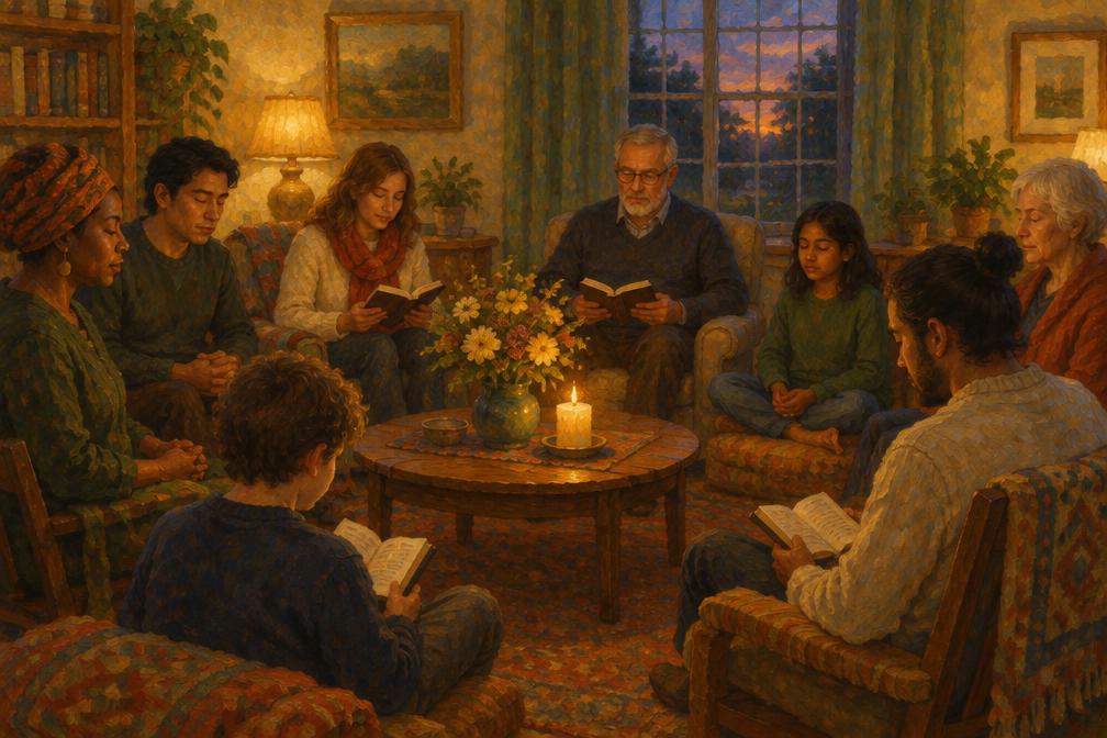 Painting of neighbours of different backgrounds praying together in a candlelit living room