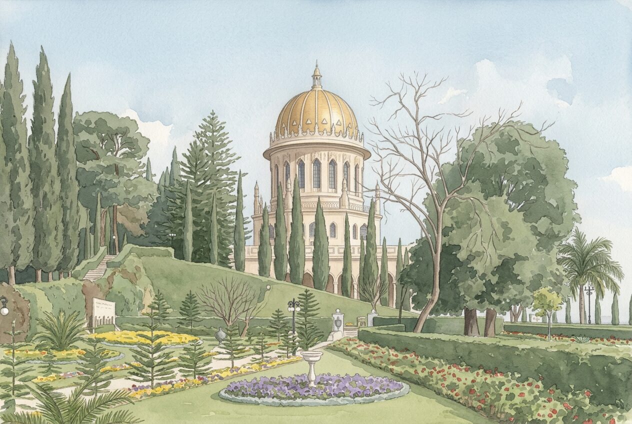 Watercolour painting of the Shrine of the Bab, its golden dome rising above the terraced gardens of Mount Carmel with Haifa and the sea beyond